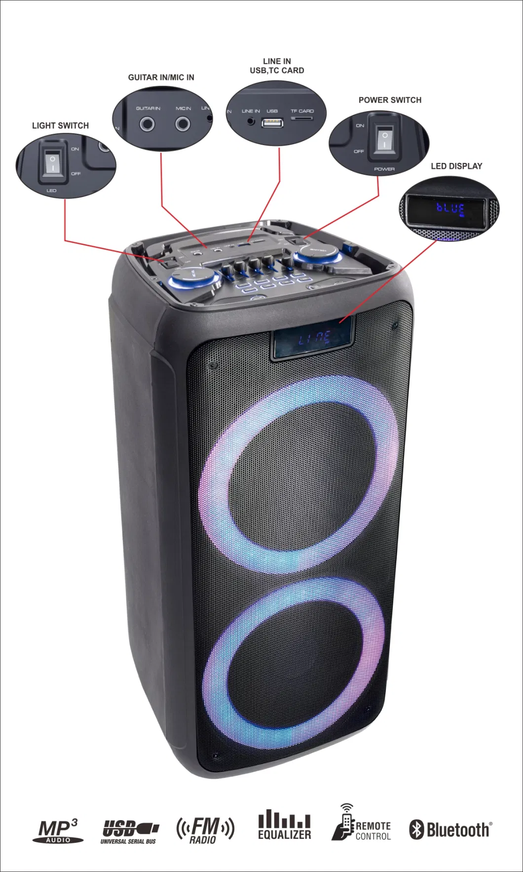 Audio Speaker Dual 8inch Big Power PA PRO Portable DJ Karaoke Wireless Battery Professional Home Speaker Bluetooth Party Speaker with LED Light