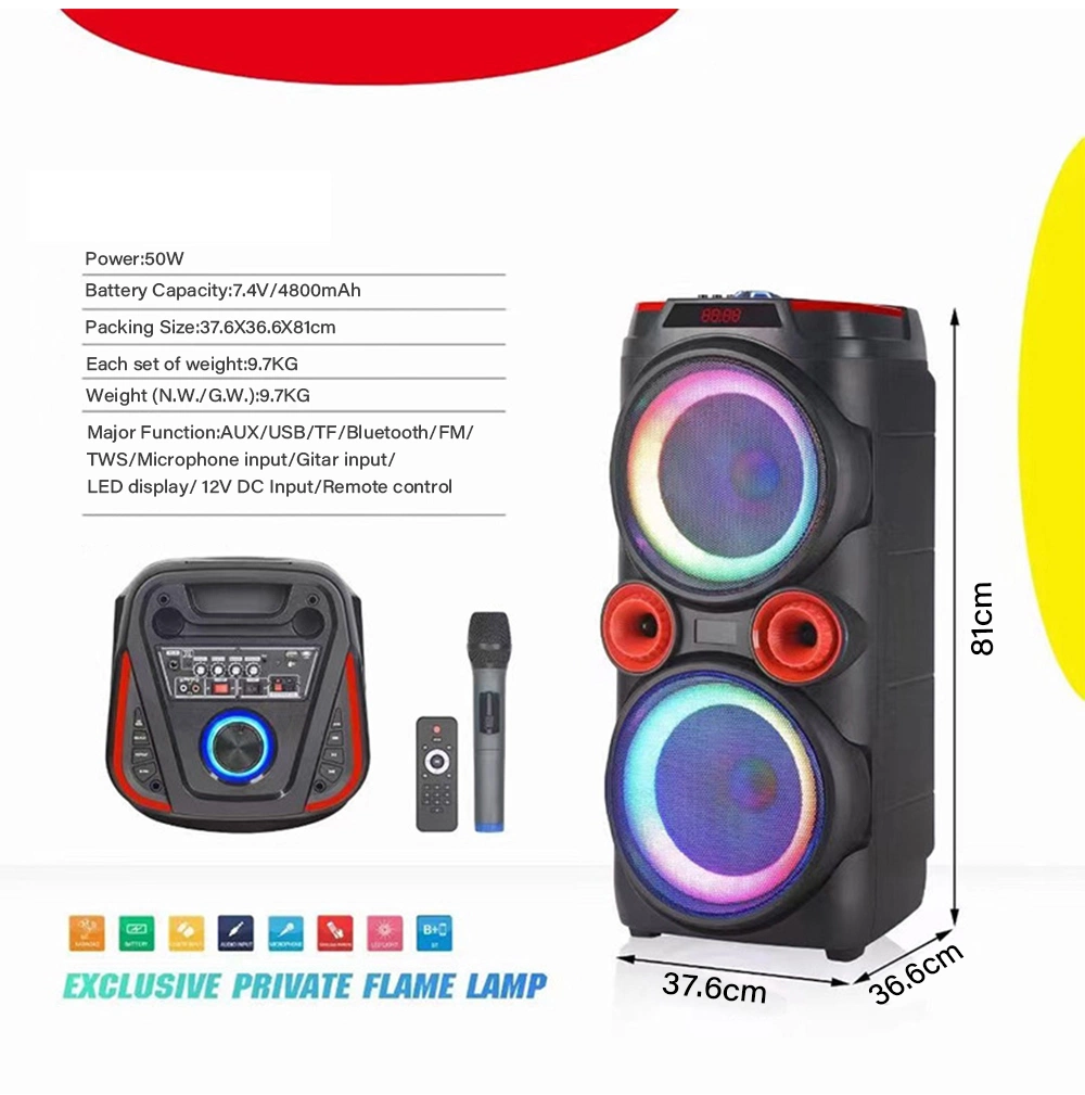 New Private Bass Sound Speaker Box 50W Rechargeable Battery Wireless Karaoke Big Bluetooth- Fire Light Party Box Speaker